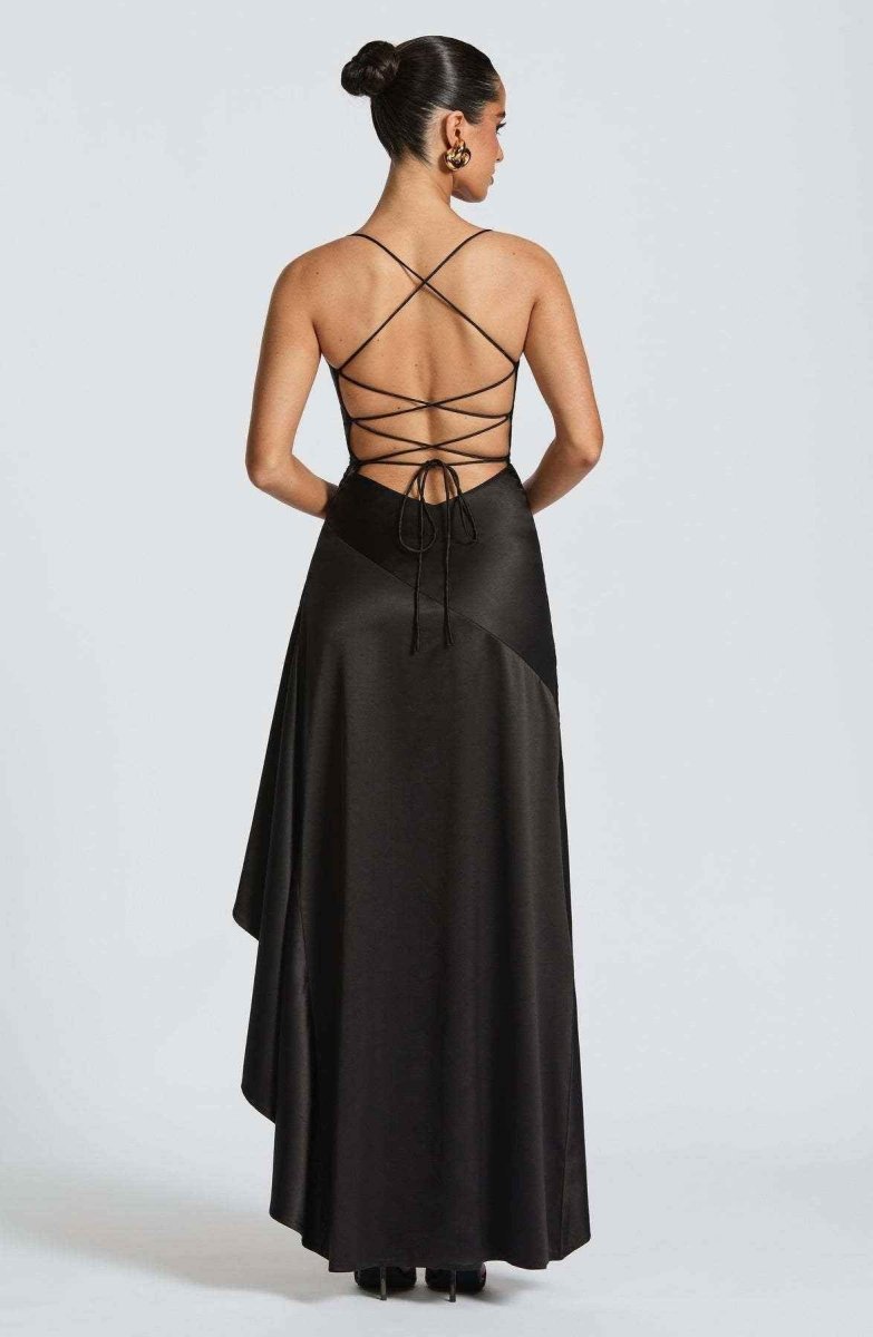 Women Satin Maxi Dress High Slit Draped Neckline Formal - Image 9