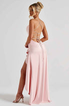 Women Satin Maxi Dress High Slit Draped Neckline Formal - Image 12