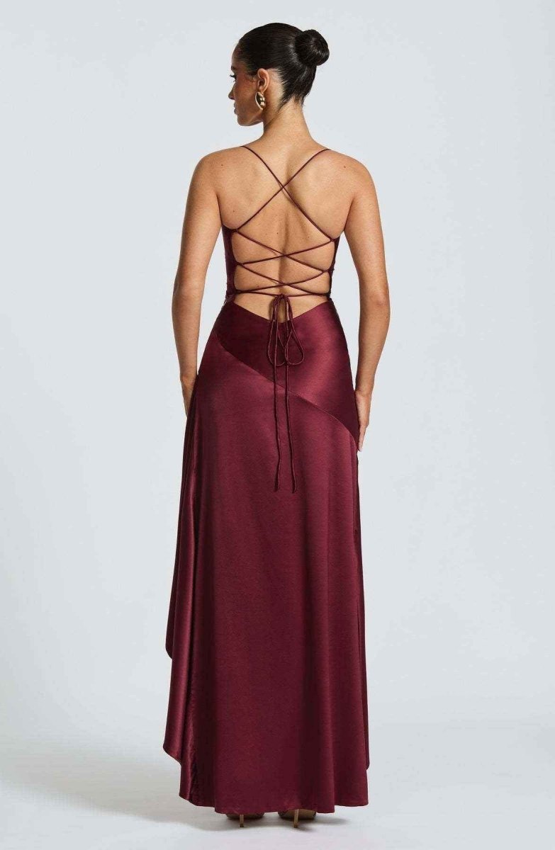 Women Satin Maxi Dress High Slit Draped Neckline Formal - Image 11