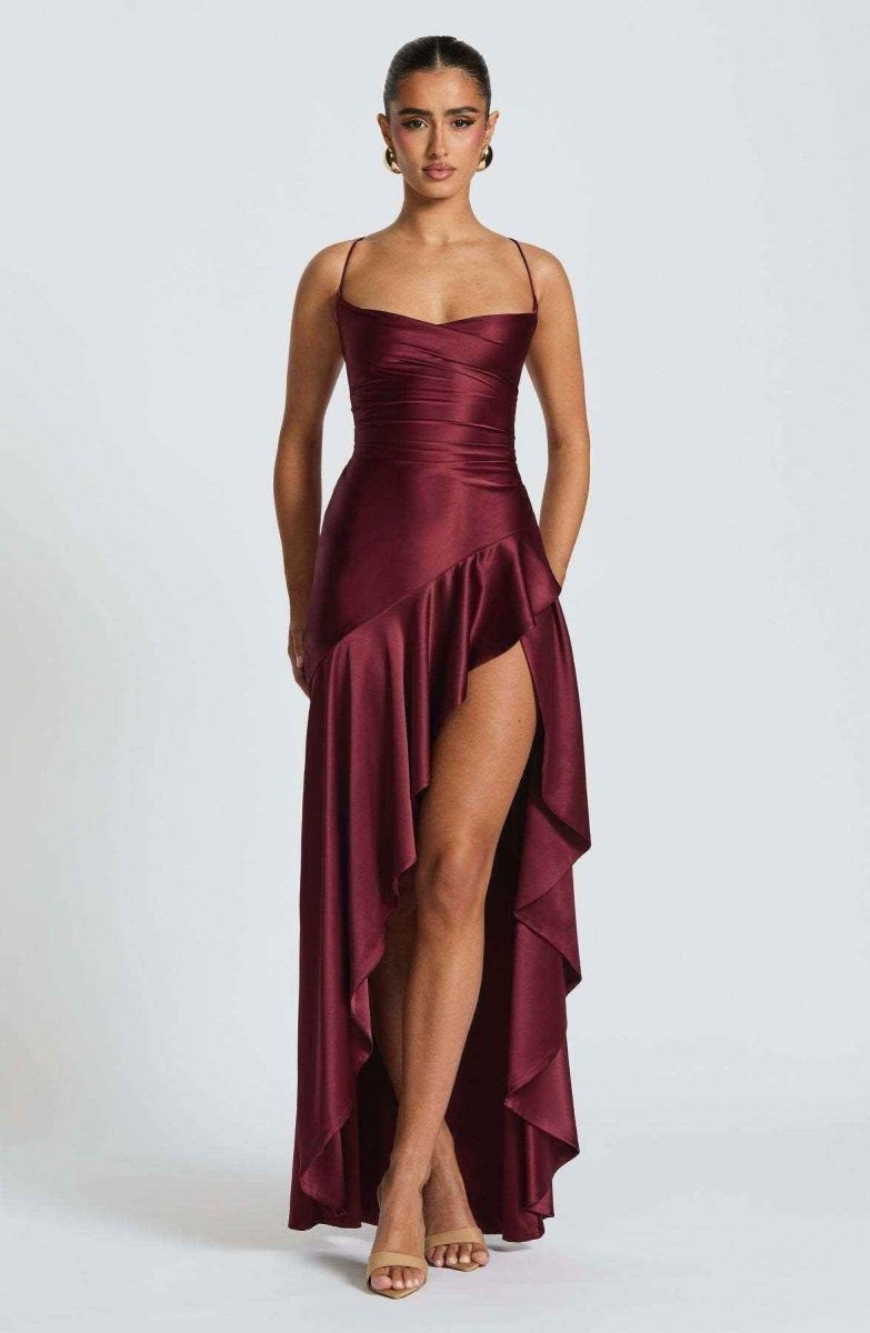 Women Satin Maxi Dress High Slit Draped Neckline Formal - Image 10