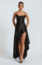 Women Satin Maxi Dress High Slit Draped Neckline Formal - Image 2