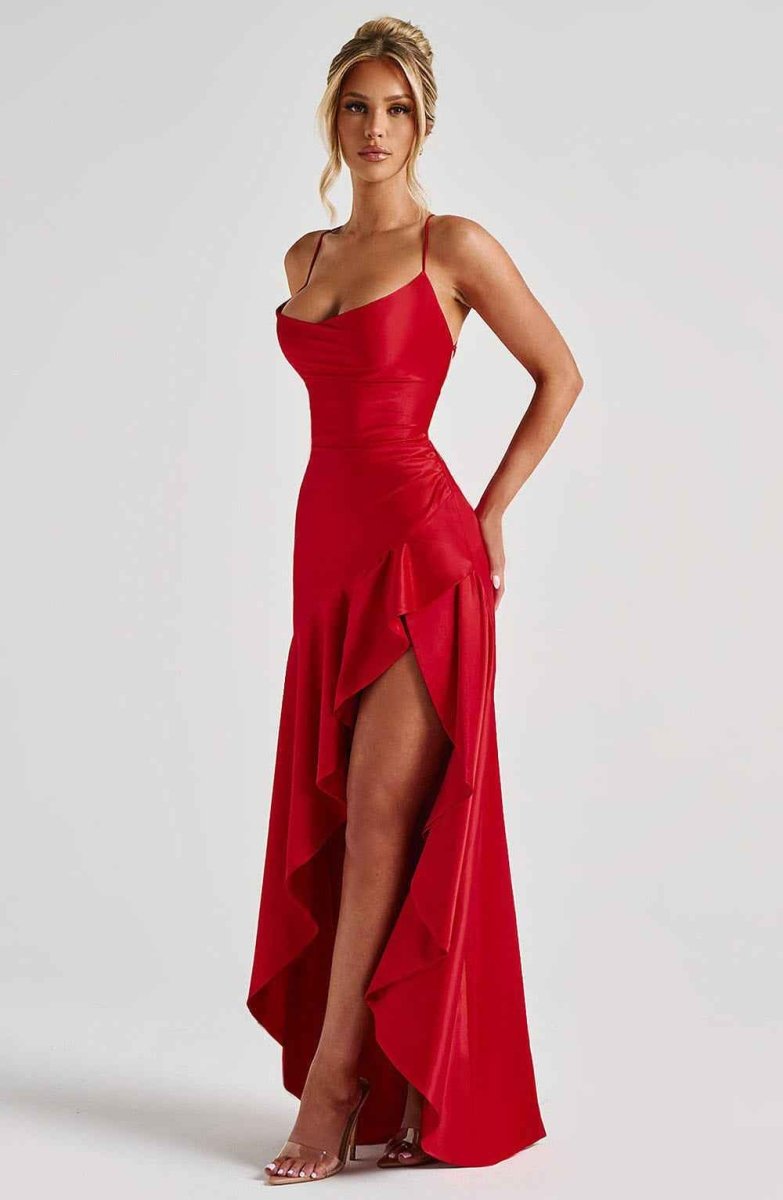 Women Satin Maxi Dress High Slit Draped Neckline Formal - Image 3
