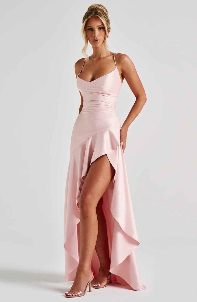 Women Satin Maxi Dress High Slit Draped Neckline Formal - Image 4