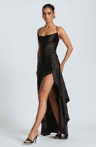 Women Satin Maxi Dress High Slit Draped Neckline Formal - Image 8