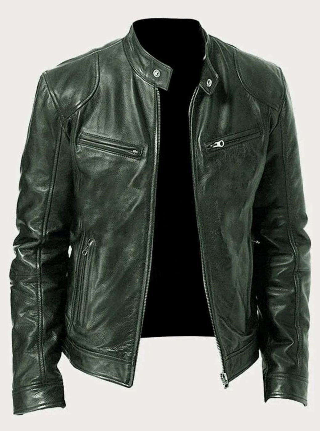 Men's Slim Fit Leather Moto Jacket Zip-Up Biker - Image 3