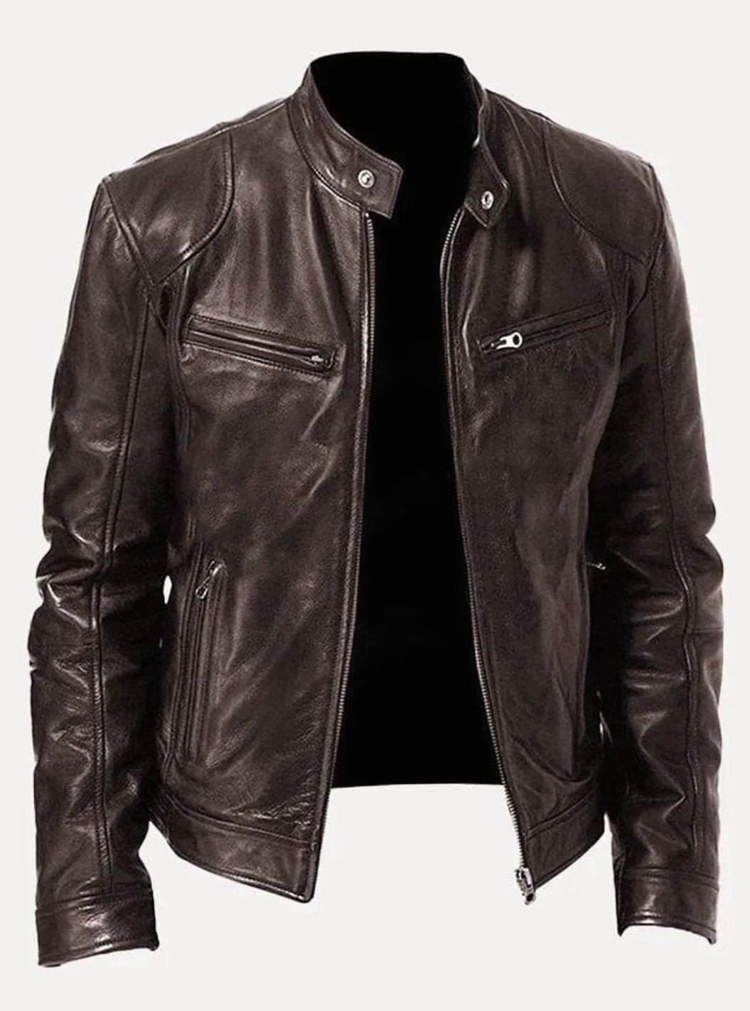 Men's Slim Fit Leather Moto Jacket Zip-Up Biker - Image 4