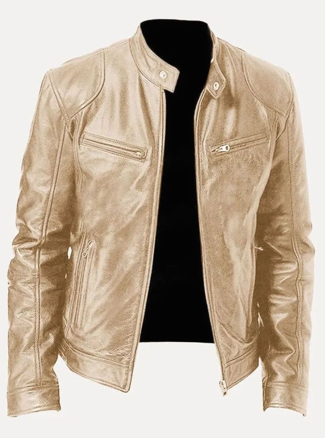 Men's Slim Fit Leather Moto Jacket Zip-Up Biker - Image 6