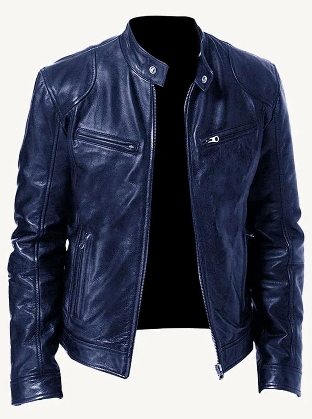 Men's Slim Fit Leather Moto Jacket Zip-Up Biker - Image 9