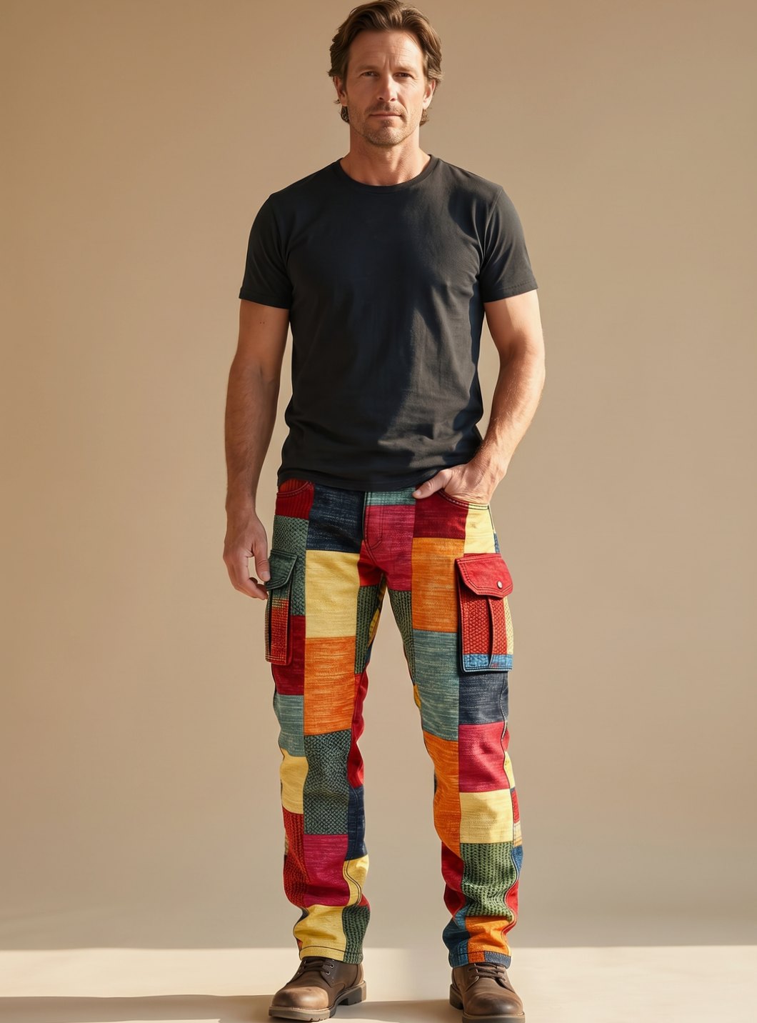 Men's Patchwork Colorblock Relaxed Fit Cargo Pants