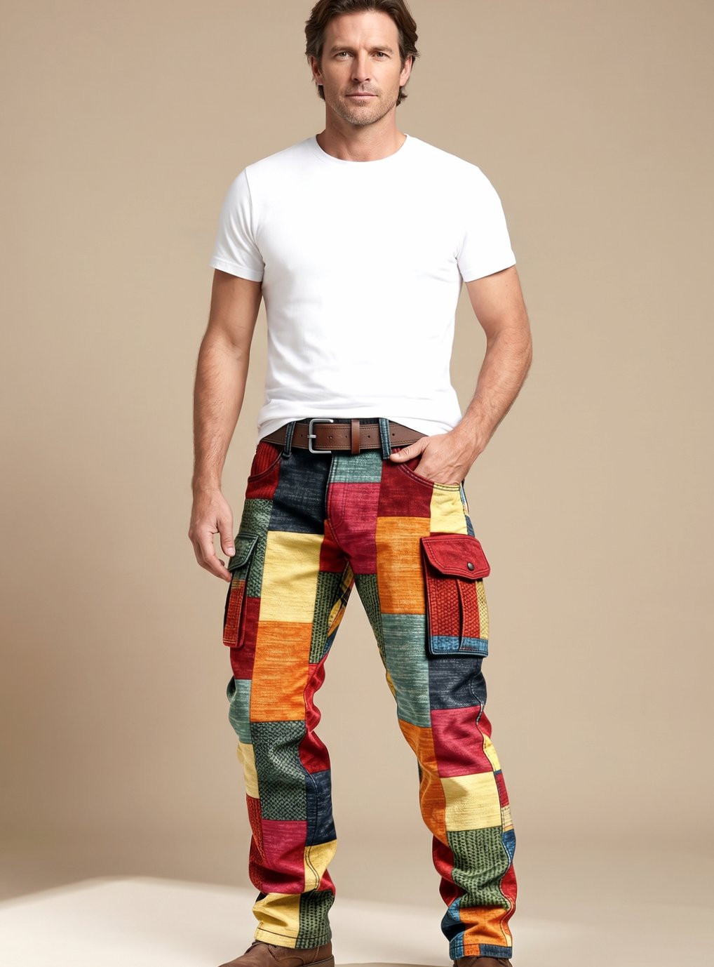 Men's Patchwork Colorblock Relaxed Fit Cargo Pants - Image 2