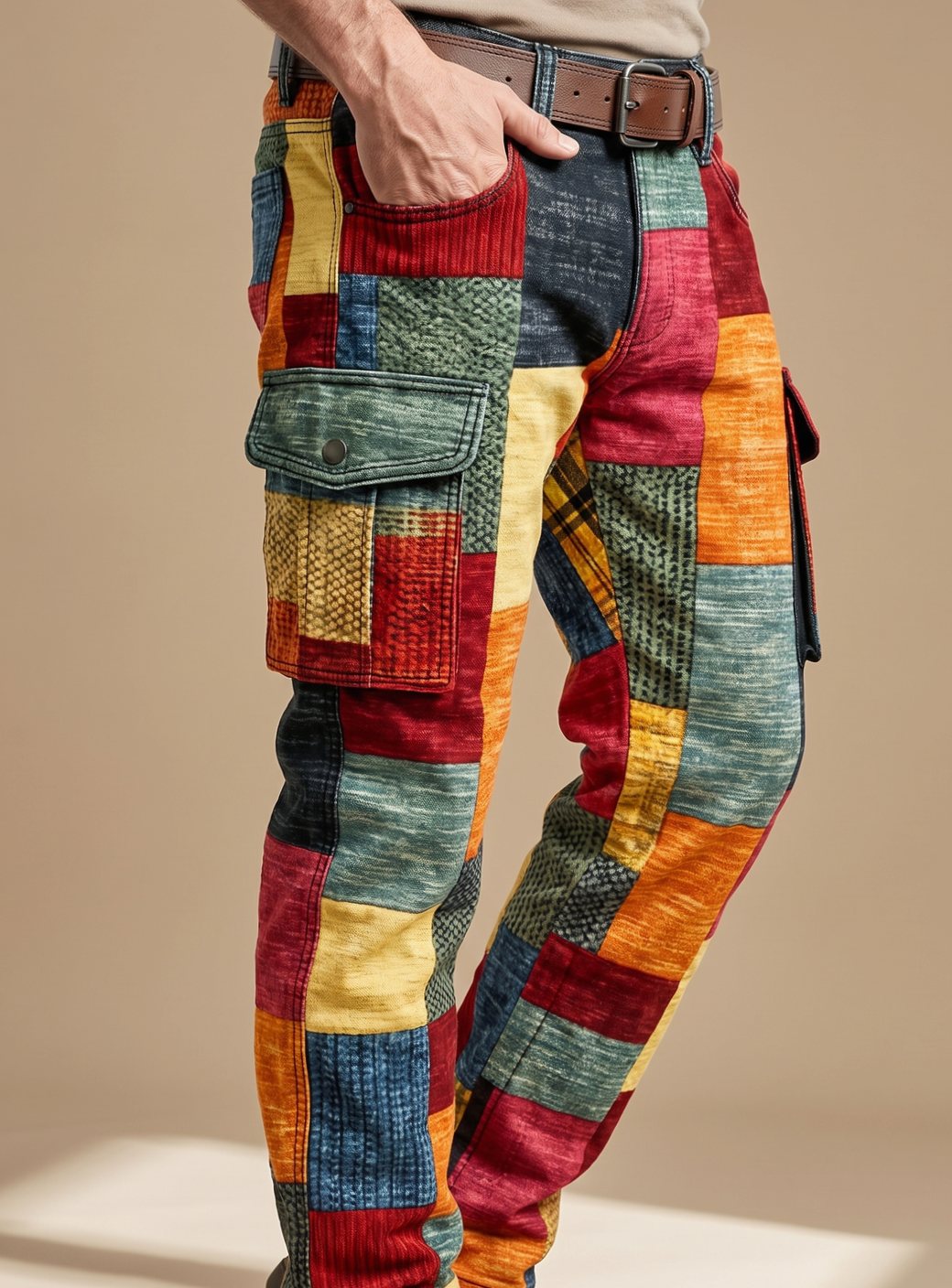 Men's Patchwork Colorblock Relaxed Fit Cargo Pants - Image 3