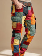 Men's Patchwork Colorblock Relaxed Fit Cargo Pants - Image 3