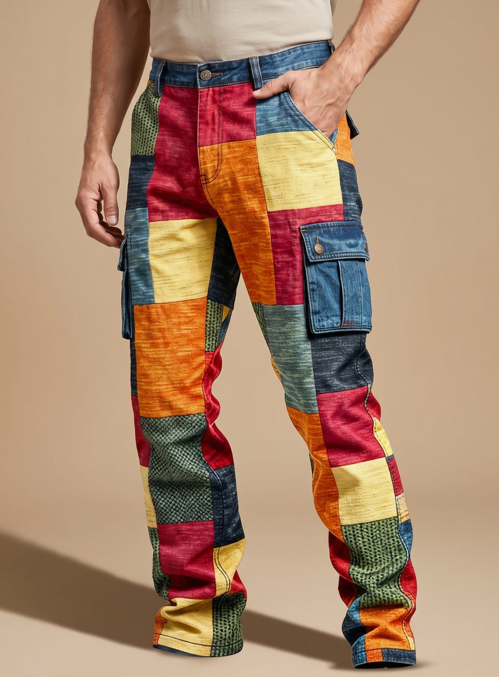 Men's Patchwork Colorblock Relaxed Fit Cargo Pants - Image 4