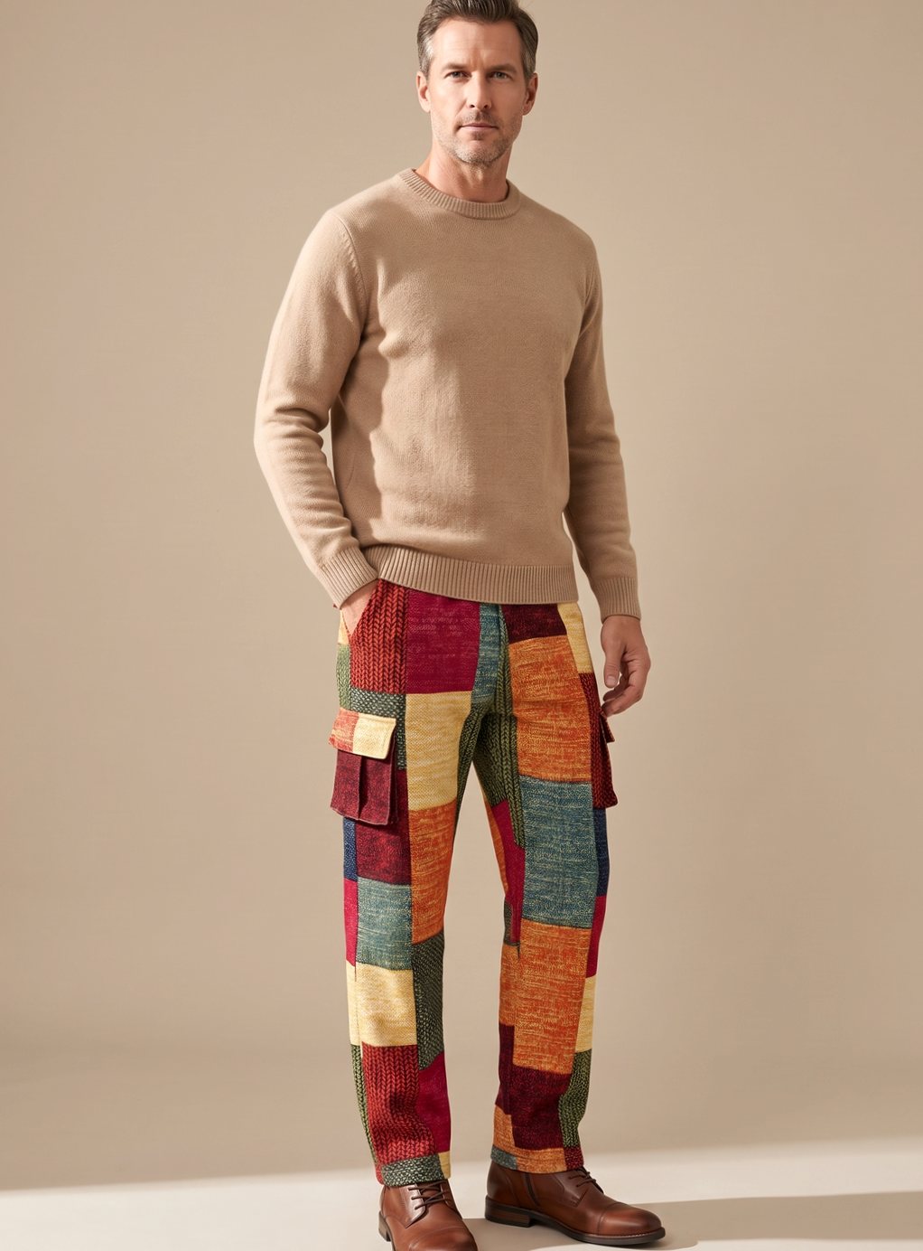 Men's Patchwork Colorblock Relaxed Fit Cargo Pants - Image 5