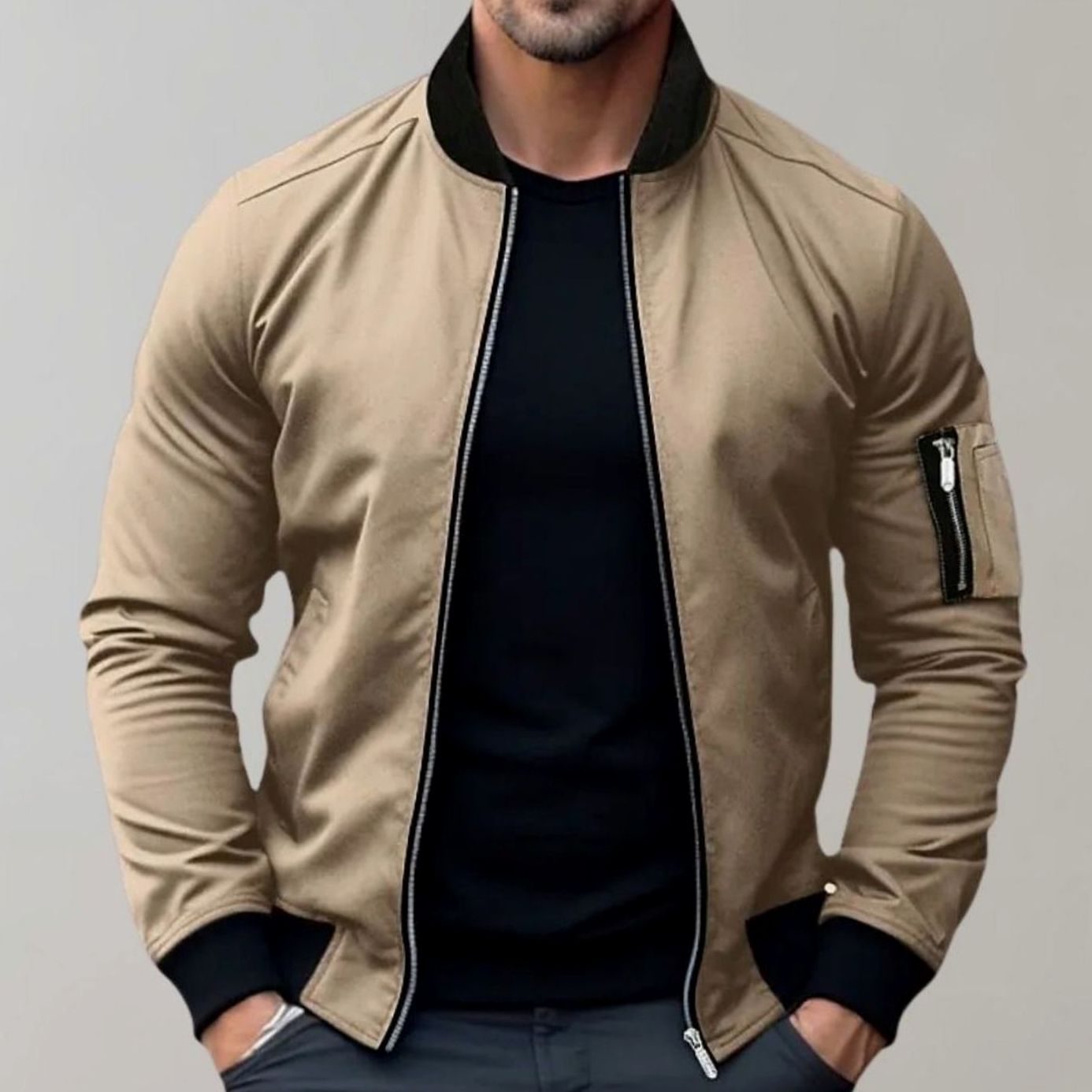 Men's Slim Fit Zip-Up Bomber Jacket Ribbed Collar - Image 2