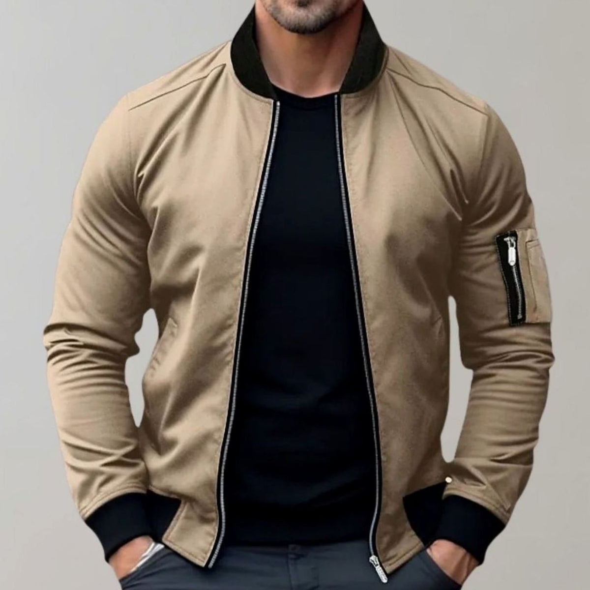 Men's Slim Fit Zip-Up Bomber Jacket Ribbed Collar - Image 2