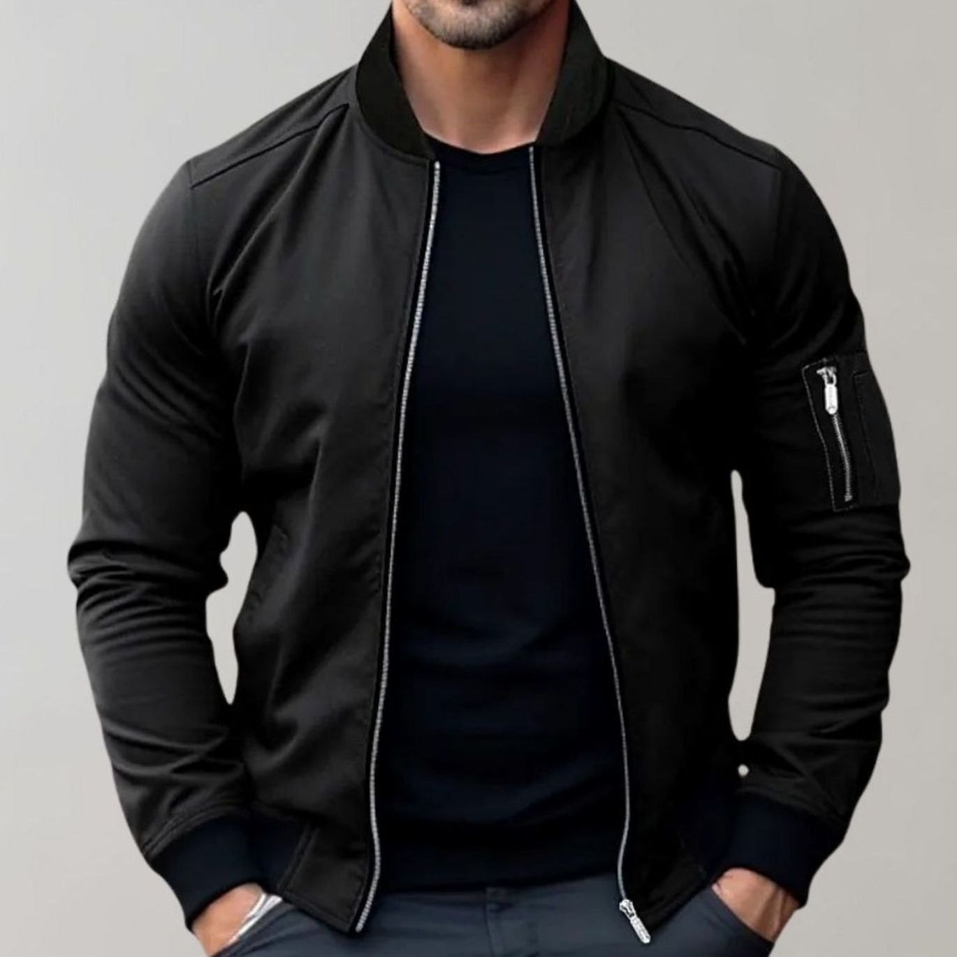 Men's Slim Fit Zip-Up Bomber Jacket Ribbed Collar - Image 3