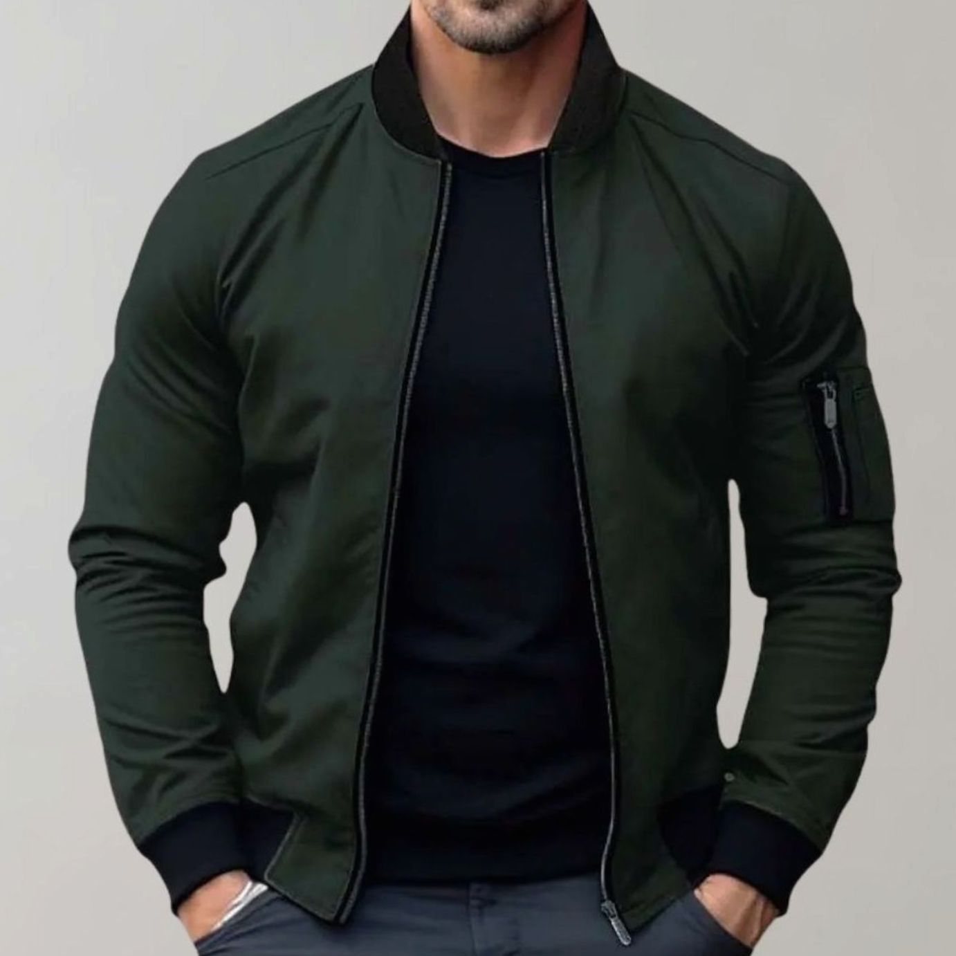Men's Slim Fit Zip-Up Bomber Jacket Ribbed Collar - Image 4