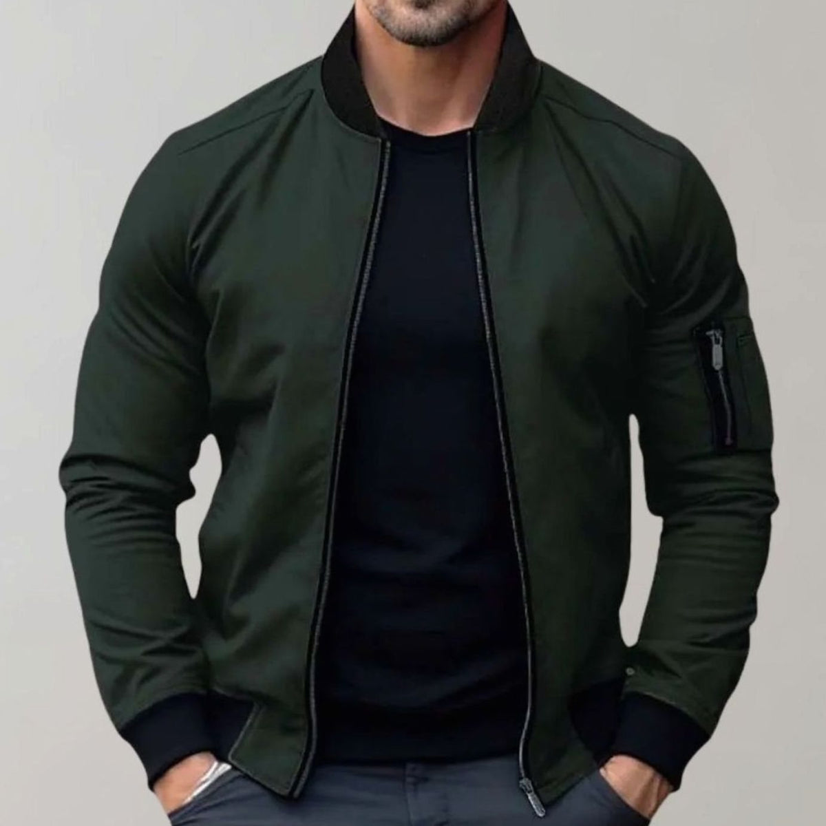 Men's Slim Fit Zip-Up Bomber Jacket Ribbed Collar - Image 4