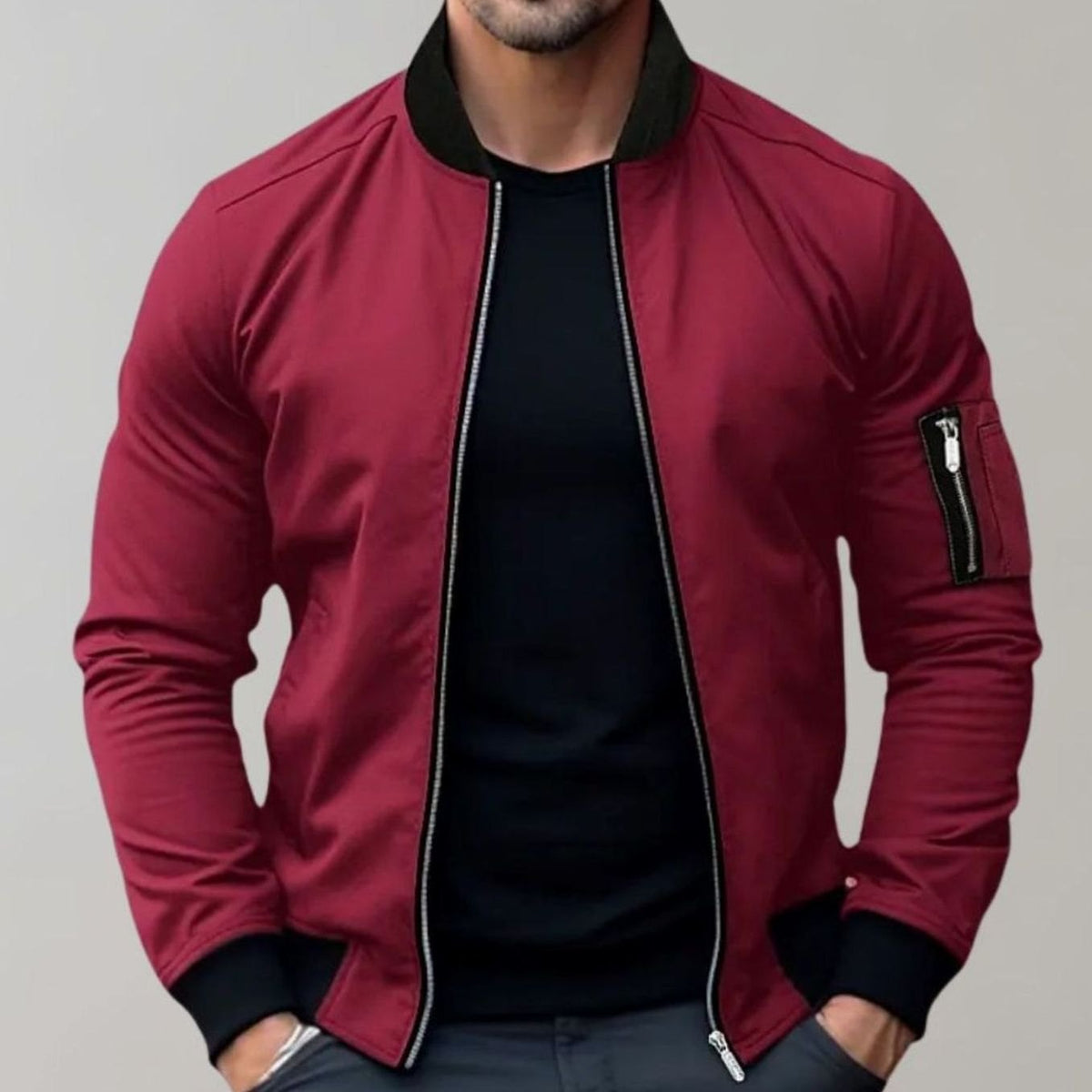 Men's Slim Fit Zip-Up Bomber Jacket Ribbed Collar - Image 5