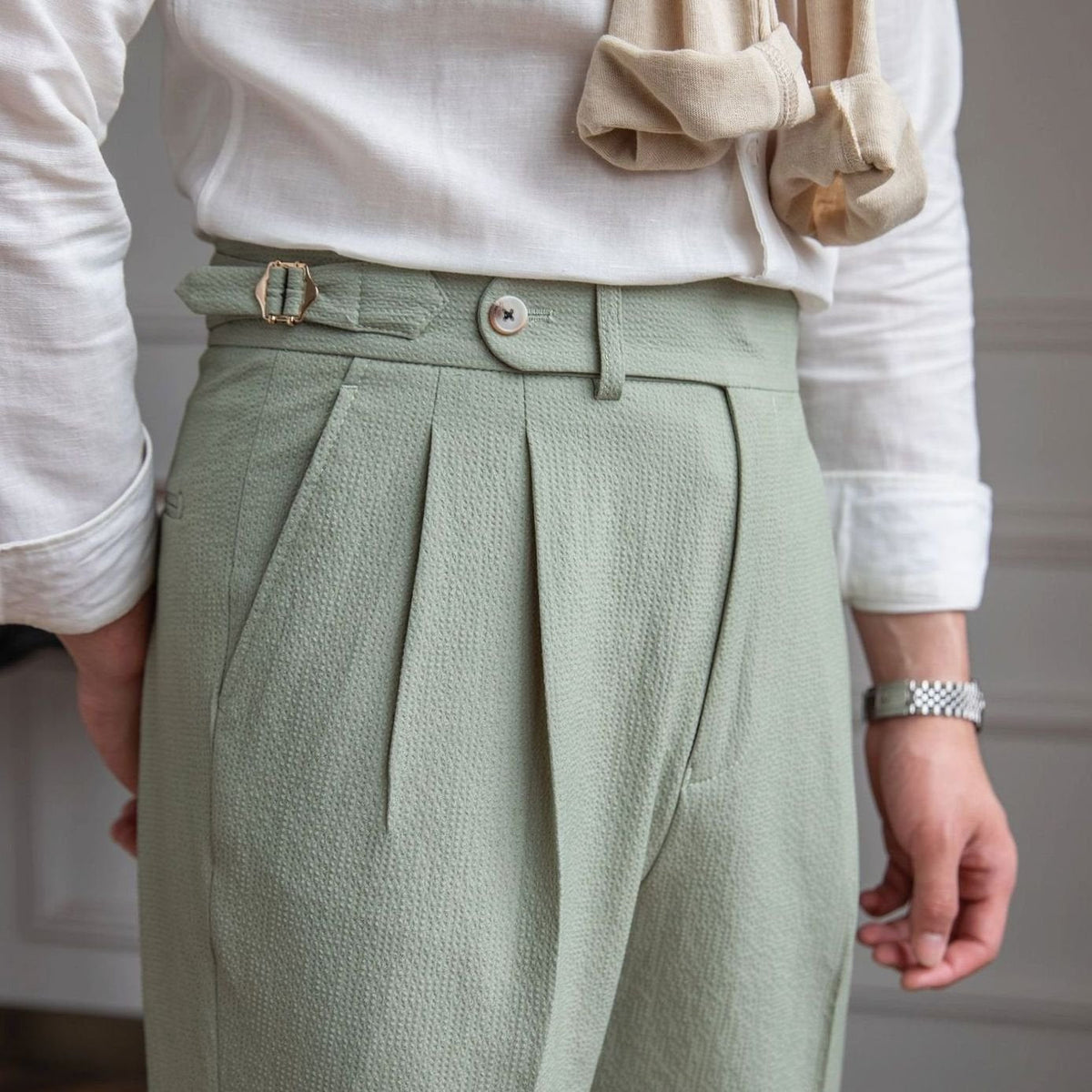 Men's High-Rise Pleated Trousers Cuffed Hem - Image 12