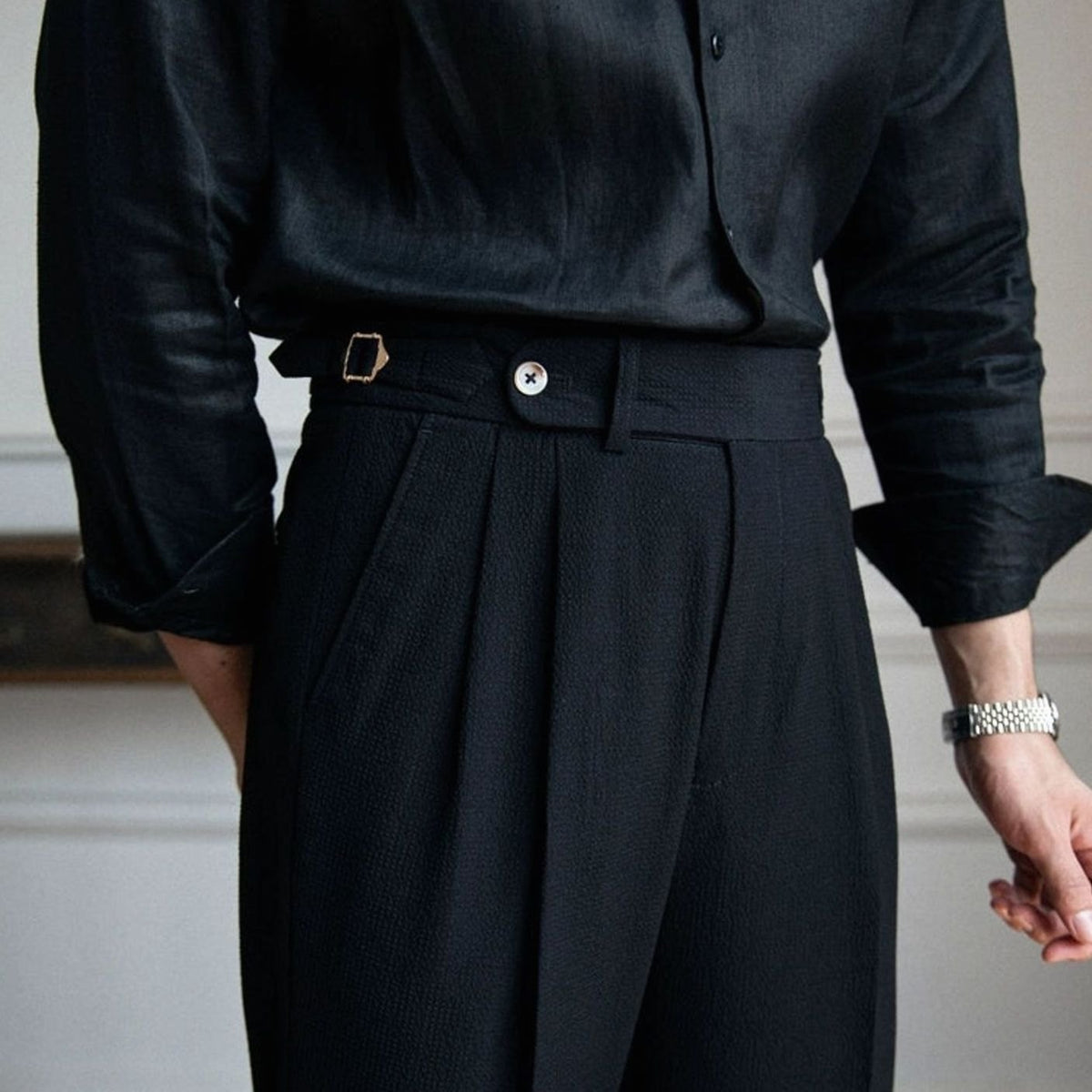 Men's High-Rise Pleated Trousers Cuffed Hem - Image 6