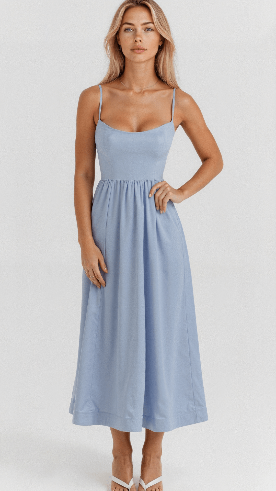 Women Spaghetti Strap A-Line Midi Dress Classic Fitted Bodice - Image 2