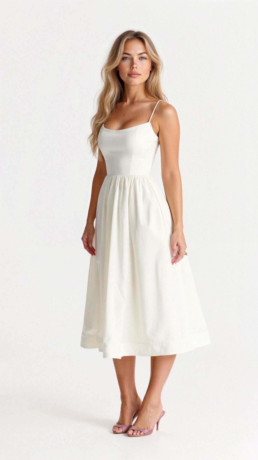Women Spaghetti Strap A-Line Midi Dress Classic Fitted Bodice - Image 4