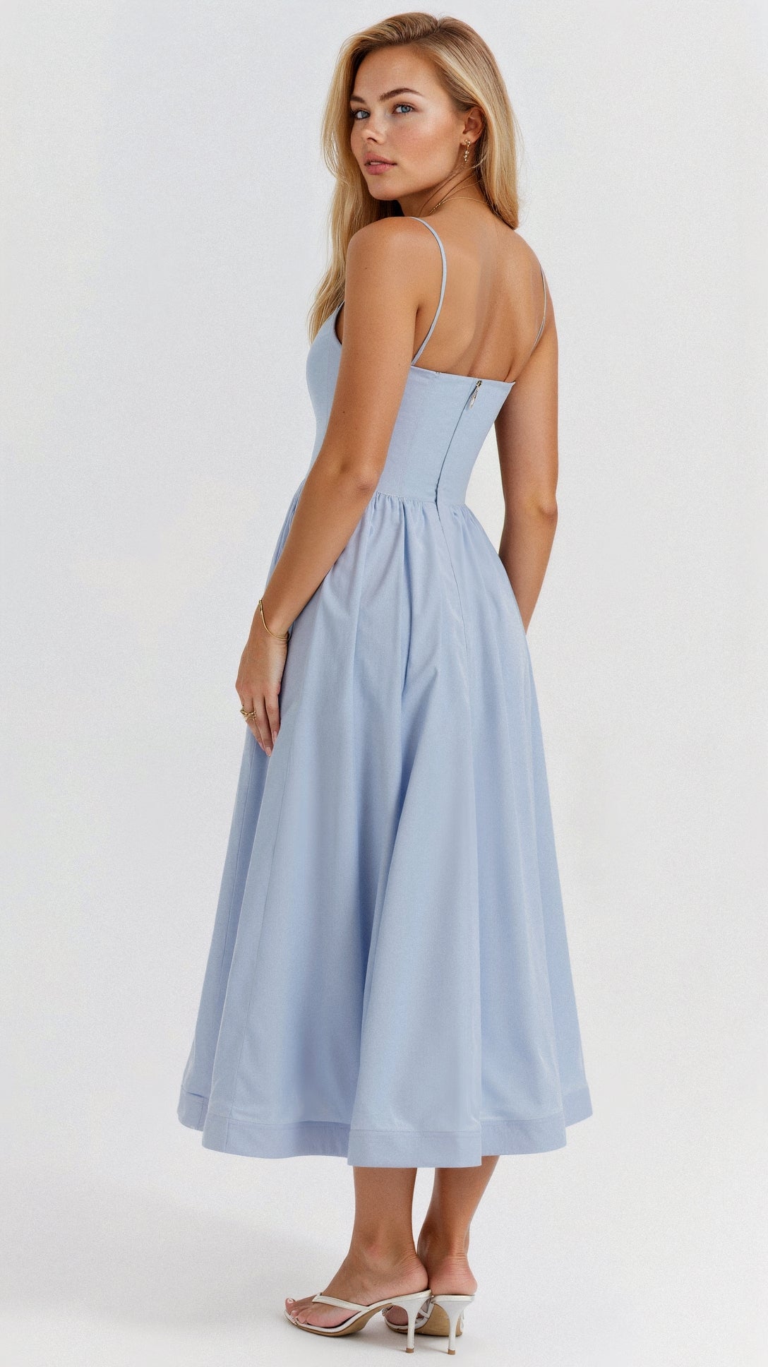 Women Spaghetti Strap A-Line Midi Dress Classic Fitted Bodice - Image 7