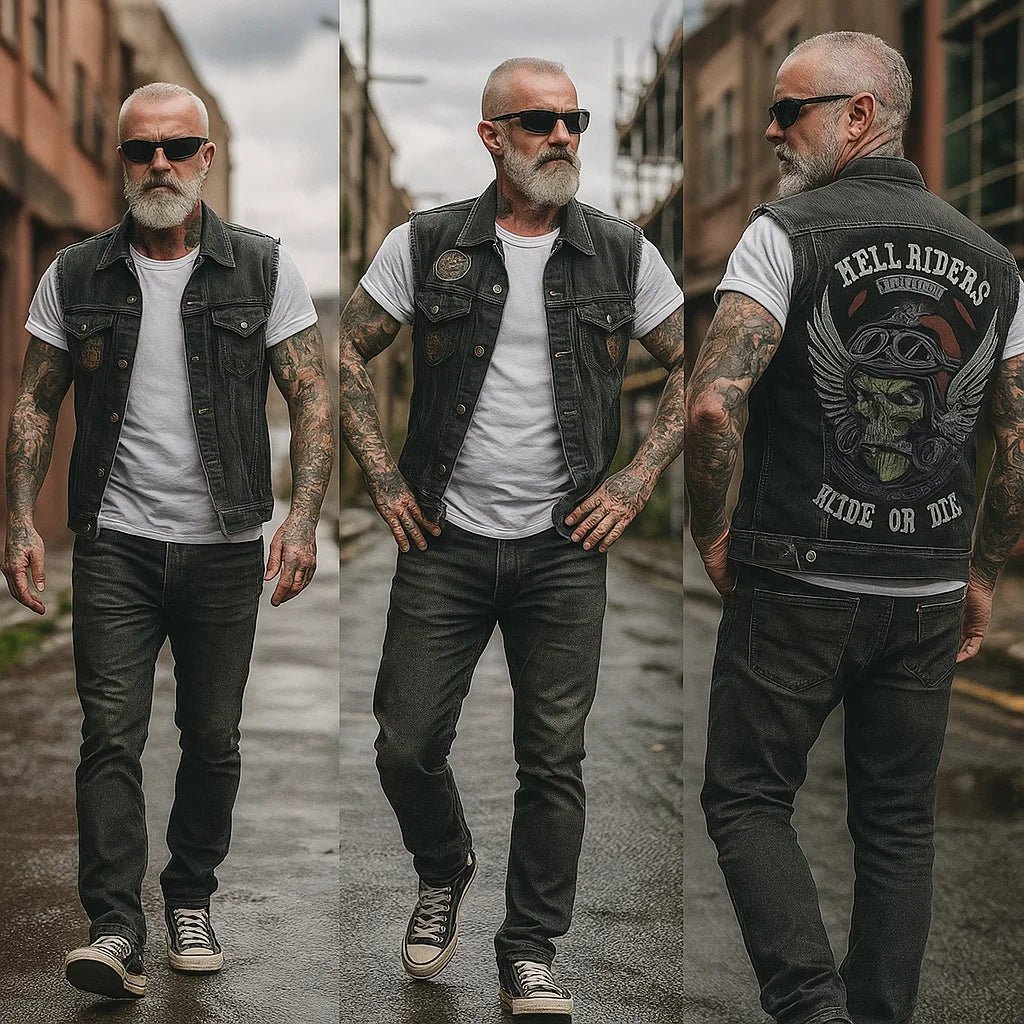 Men's Denim Motorcycle Vest Biker Cut - Image 2