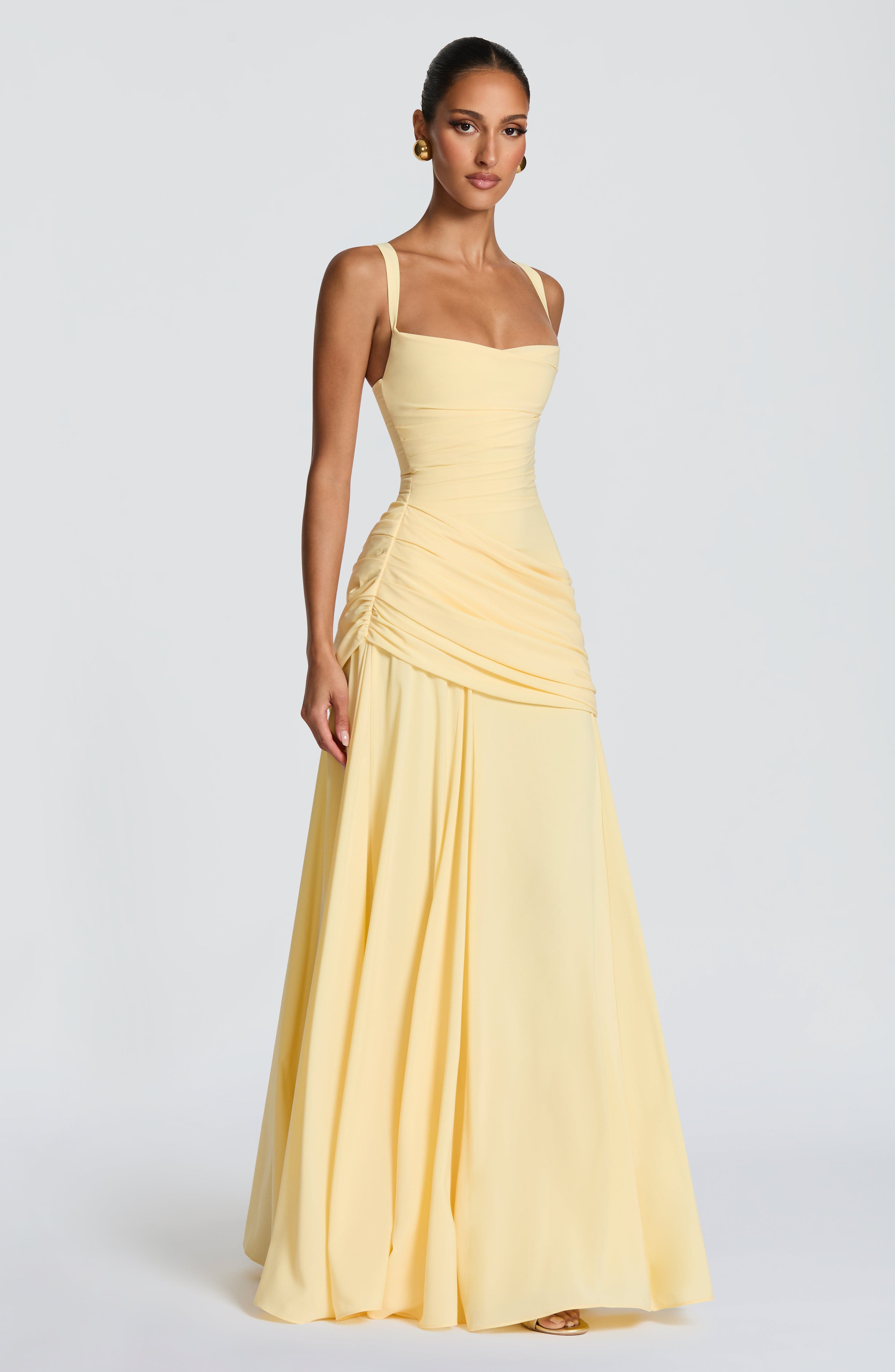 Women Waterfall Neckline Criss Cross Back Maxi Evening Dress - Image 3