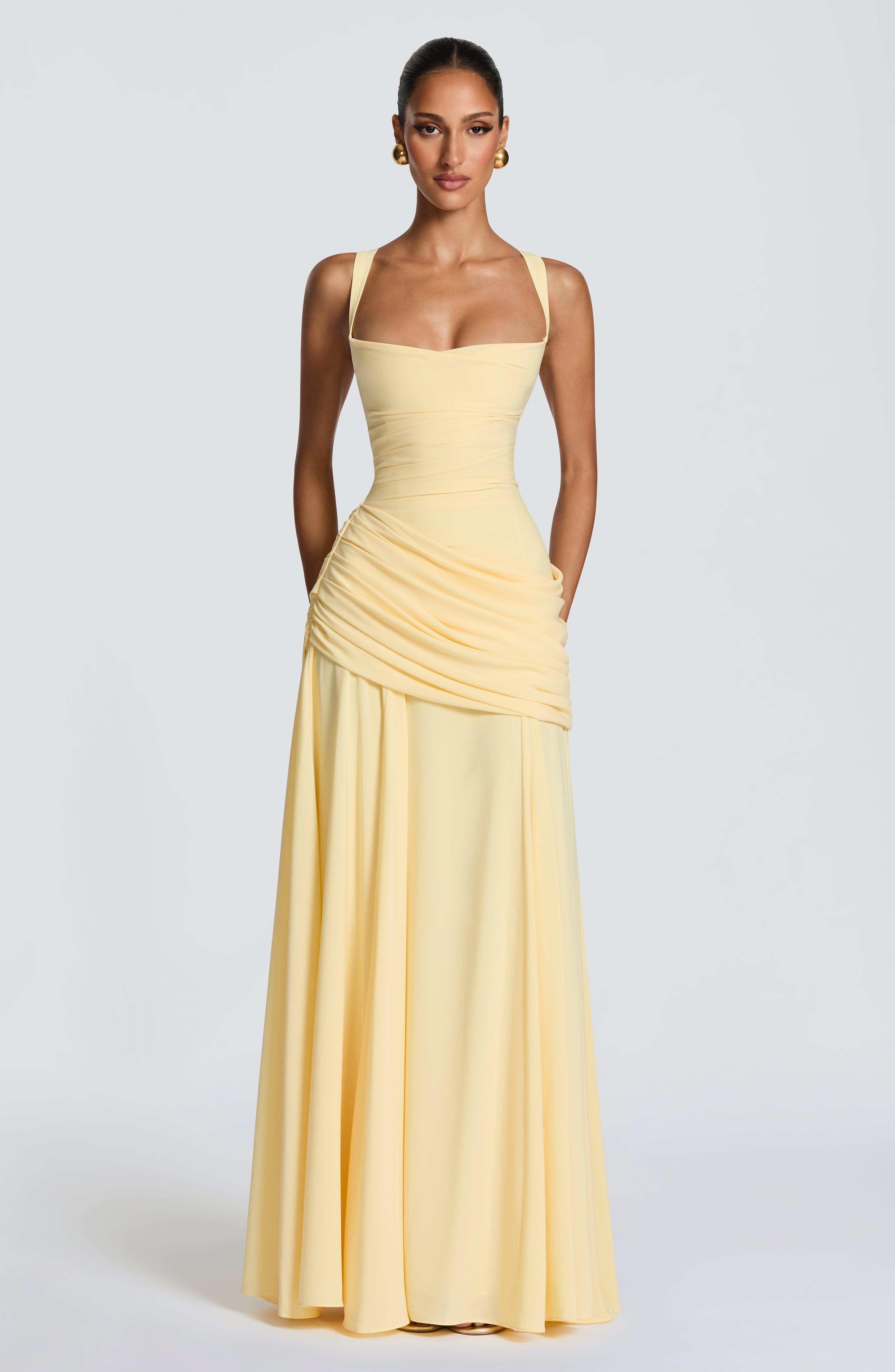 Women Waterfall Neckline Criss Cross Back Maxi Evening Dress - Image 5