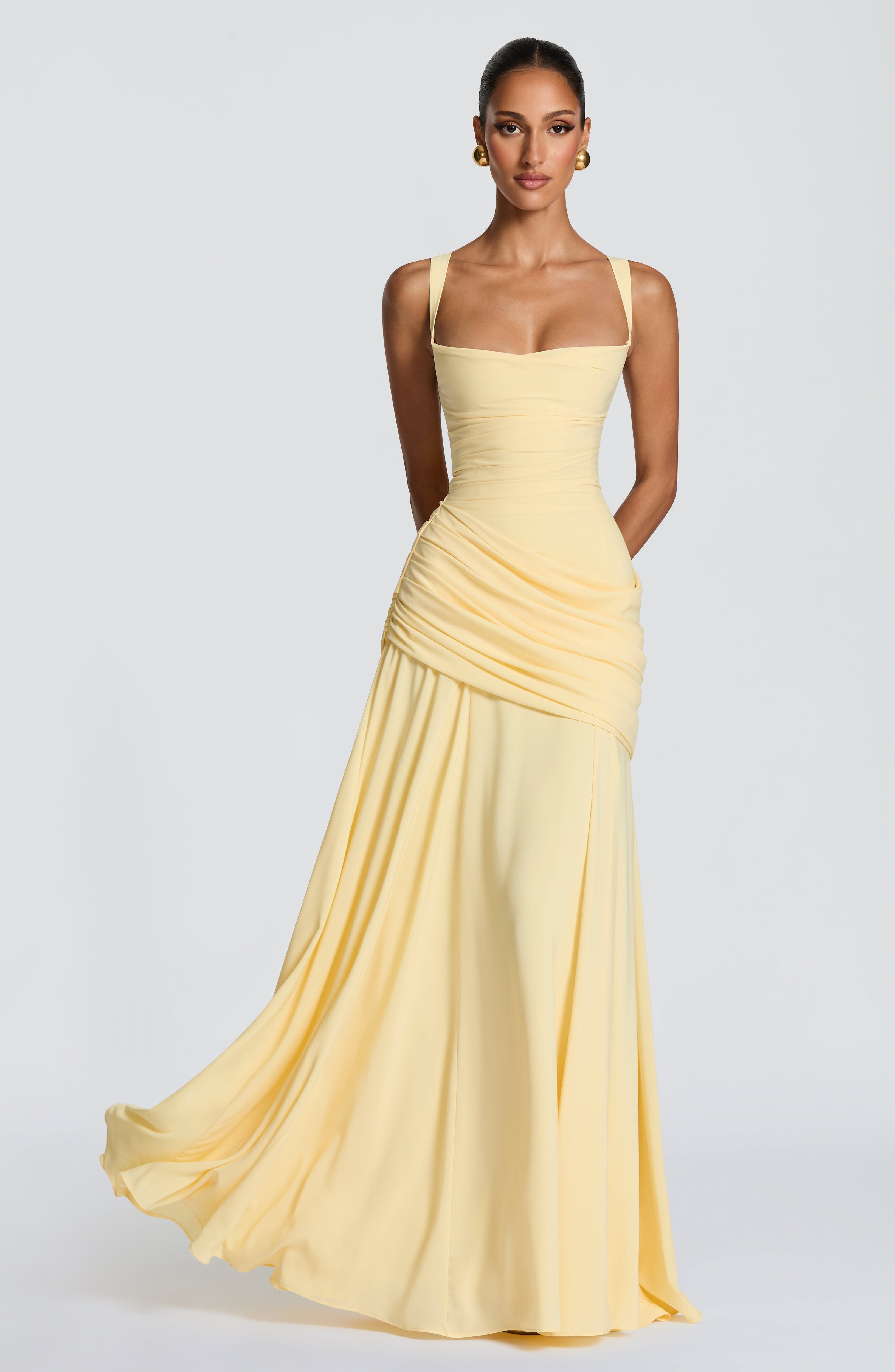 Women Waterfall Neckline Criss Cross Back Maxi Evening Dress