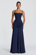 Women Waterfall Neckline Criss Cross Back Maxi Evening Dress - Image 7