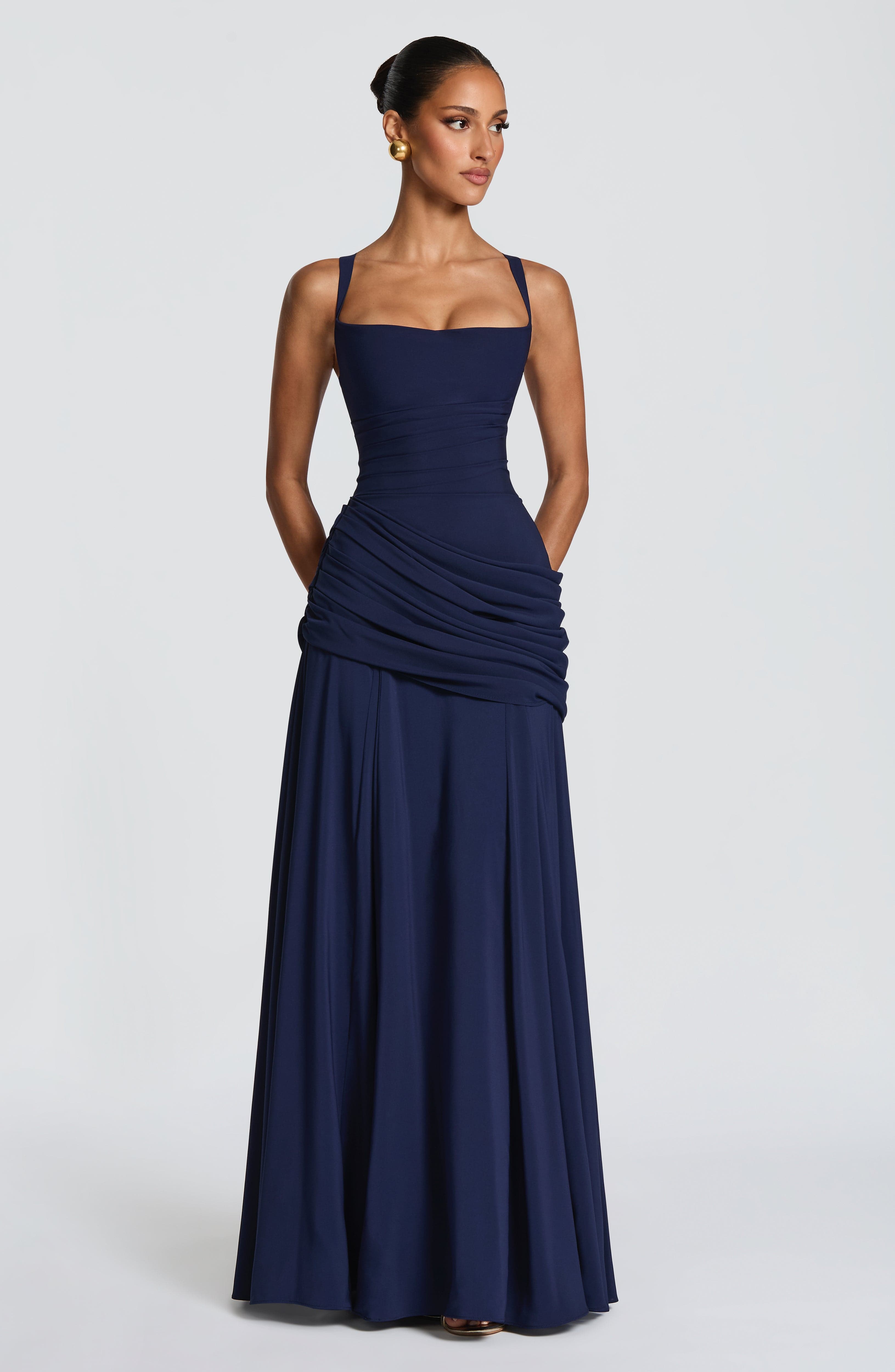 Women Waterfall Neckline Criss Cross Back Maxi Evening Dress - Image 10