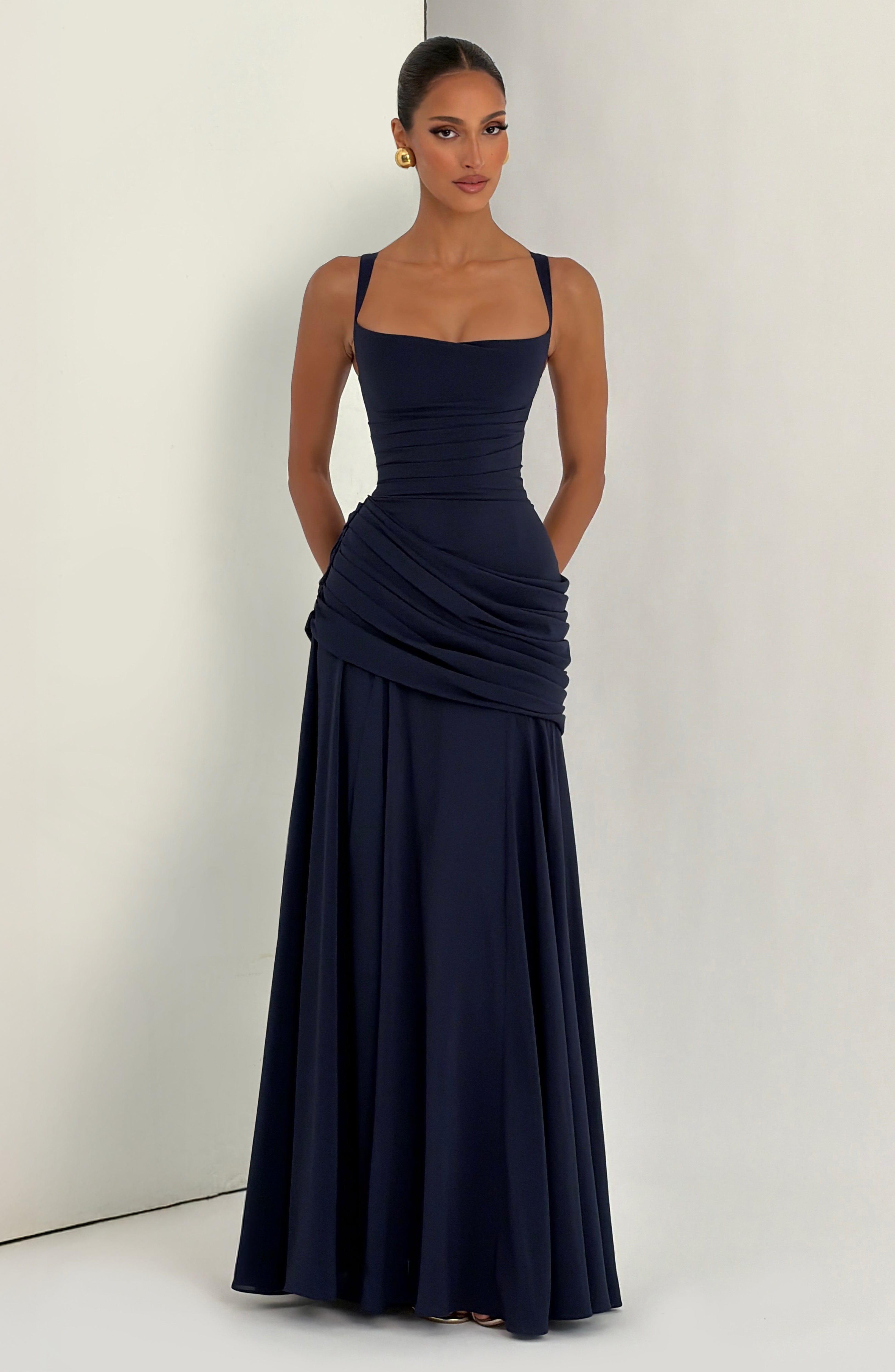 Women Waterfall Neckline Criss Cross Back Maxi Evening Dress - Image 13