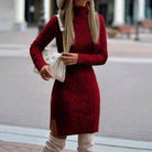 Women Cable Knit Turtleneck Midi Sweater Dress Long Sleeve Side Slit