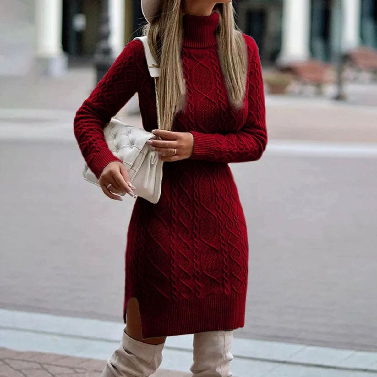 Women Cable Knit Turtleneck Midi Sweater Dress Long Sleeve Side Slit