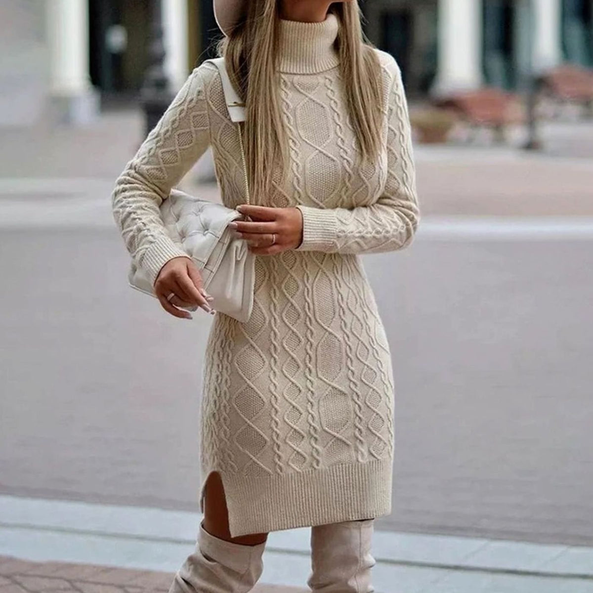 Women Cable Knit Turtleneck Midi Sweater Dress Long Sleeve Side Slit - Image 3