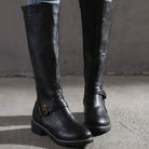 Women Faux Leather Block Heel Knee High Boots Side Zip Buckle - Image 2