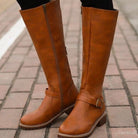 Women Faux Leather Block Heel Knee High Boots Side Zip Buckle - Image 3