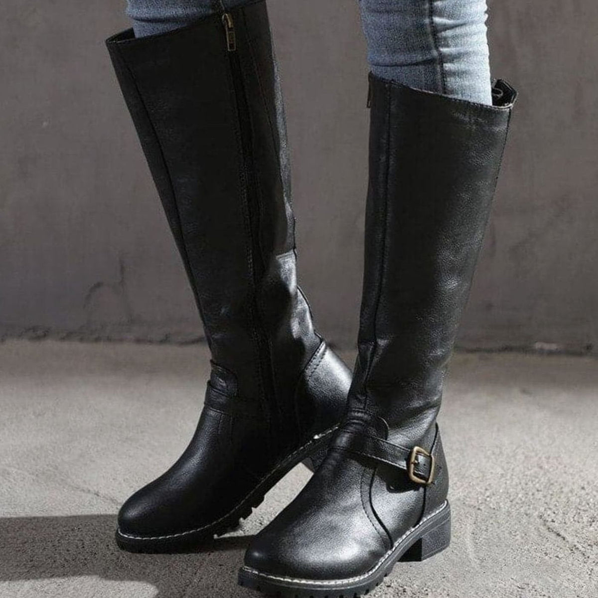 Women Faux Leather Block Heel Knee High Boots Side Zip Buckle - Image 4