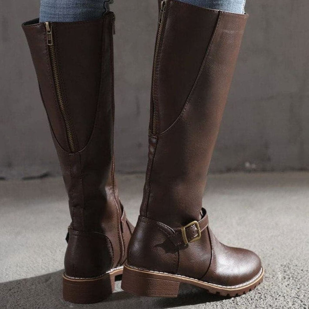 Women Faux Leather Block Heel Knee High Boots Side Zip Buckle - Image 6