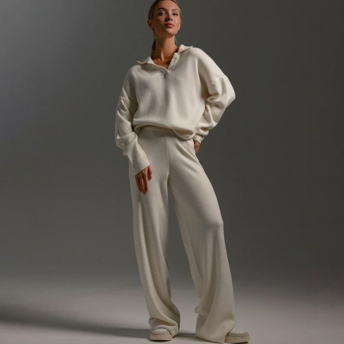 Women 2 Piece Knit Collared Wide-Leg Lounge Set