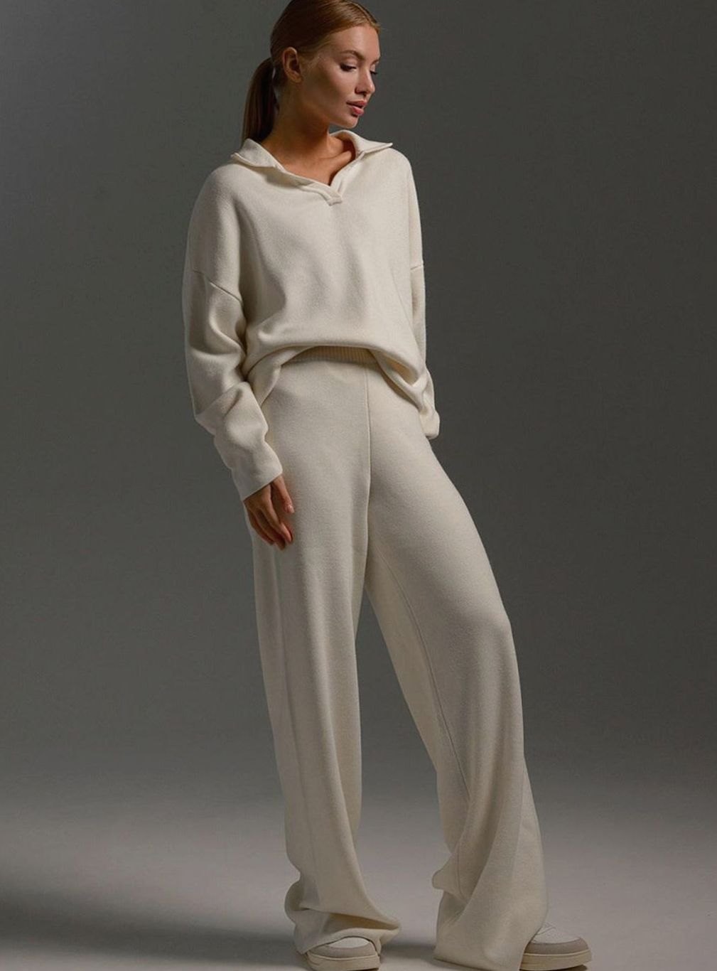 Women 2 Piece Knit Collared Wide-Leg Lounge Set - Image 5