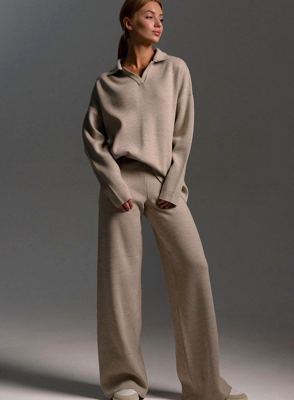 Women 2 Piece Knit Collared Wide-Leg Lounge Set - Image 7