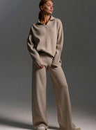 Women 2 Piece Knit Collared Wide-Leg Lounge Set - Image 7
