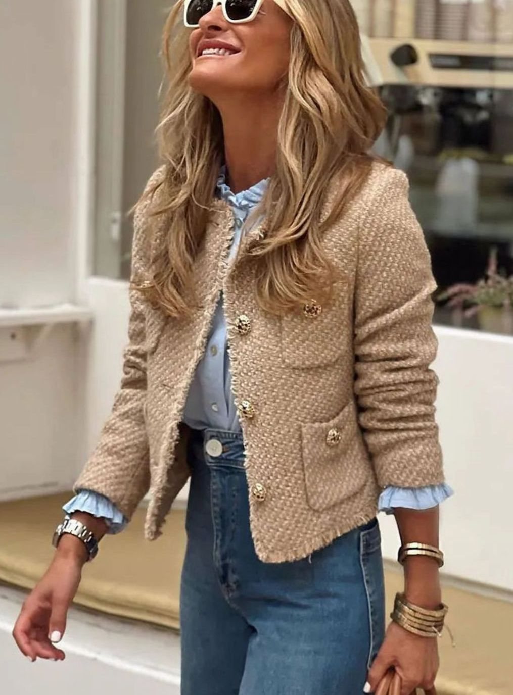 Women's Cropped Tweed Blazer Gold Button