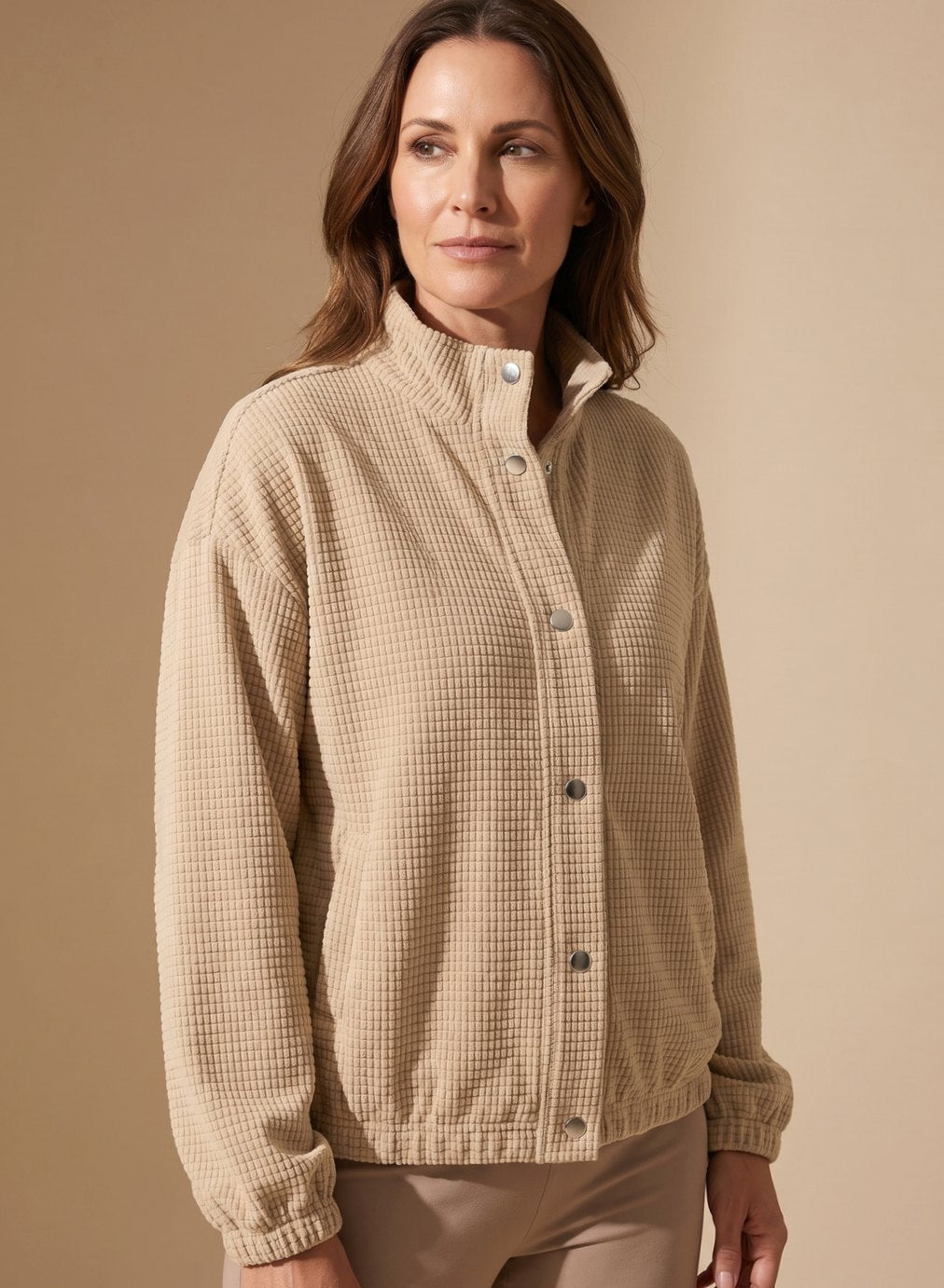 Women Waffle Knit Cropped Stand Collar Jacket - Image 2