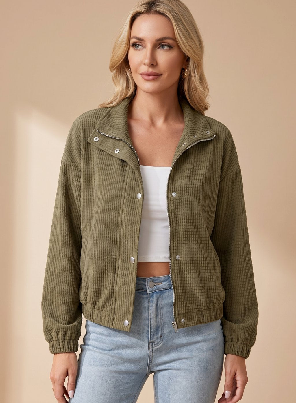 Women Waffle Knit Cropped Stand Collar Jacket - Image 5